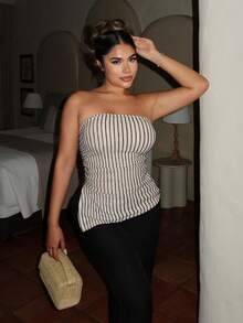 女士纹理条纹抹胸上衣 - 杏色 - 查看 1