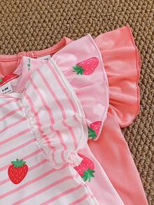 SHEIN Gentle Purple Stripe, 3D Bow Pattern, Young Girl Casual Simple Versatile Round Neck Cap Sleeve T-Shirt 1pc Suitable For Spring/Summer Daily Wear, - Multicolor - View 8