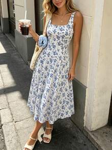 SHEIN Raffinéa Women's Fashionable Elegant Printed Waist Dress - Blue - View 5