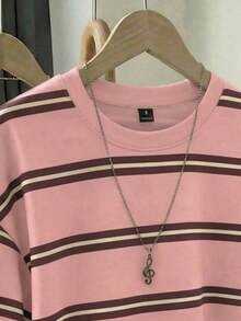 SHEIN EZwear 休闲简约粉棕条纹圆领宽松短袖T恤，适合夏季穿着 - 彩色 - 查看 3