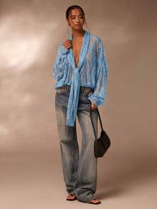 SHEIN Glamour Áo kiểu ren xuyên thấu, áo sơ mi ren màu nâu dành cho nữ - Màu xanh lam - Xem 4