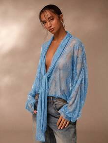 SHEIN Glamour Áo kiểu ren xuyên thấu, áo sơ mi ren màu nâu dành cho nữ - Màu xanh lam - Xem 6