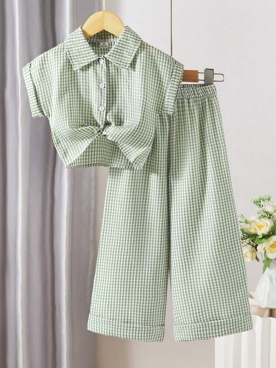 SHEIN Elladie kids 两件套女童格子领休闲衬衫上衣搭配直筒裤套装,适合日常休闲、户外活动和上学穿着。 - 綠色 - 查看 1