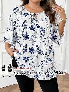SHEIN CURVE+ 大码女式情人节印花系领衬衫，春季 - 白色 - 查看 1
