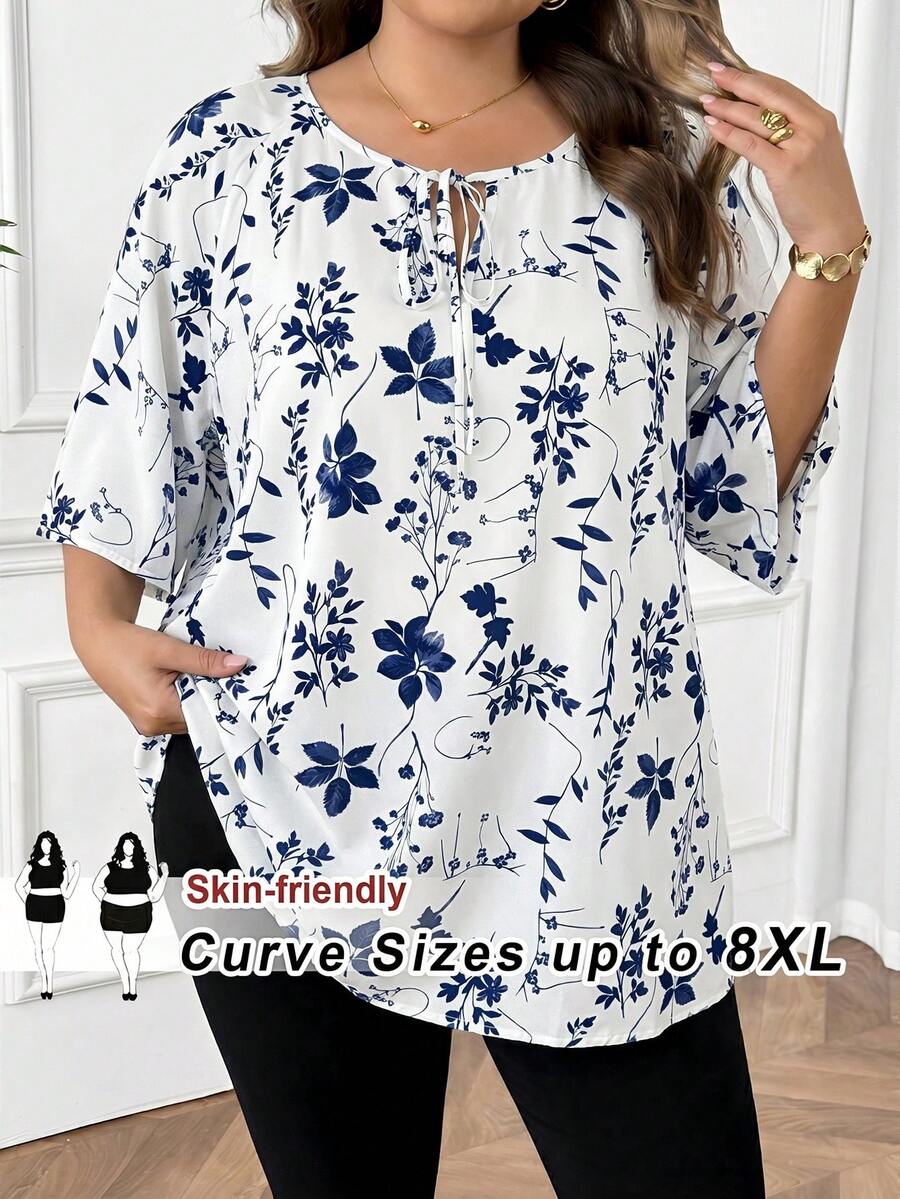 SHEIN CURVE+ 大码女式情人节印花系领衬衫,春季 - 白色 - 查看 1