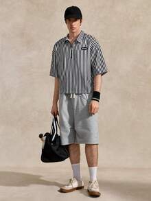 Courvante TOKUVE Herren Casual Poloshirt, Schwarz, Jung & Modisch mit Reißverschluss-Leiste, Minimalistisches gestreiftes Material, Inspiriert von Ins, Geschenk oder Freund - Schwarz - Übersicht 8