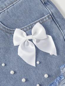 SHEIN Sweetro Quần short denim màu xanh nhạt dáng casual ngọt ngào dành cho nữ, điểm nhấn là nơ trắng. - Rửa nhẹ - Xem 3