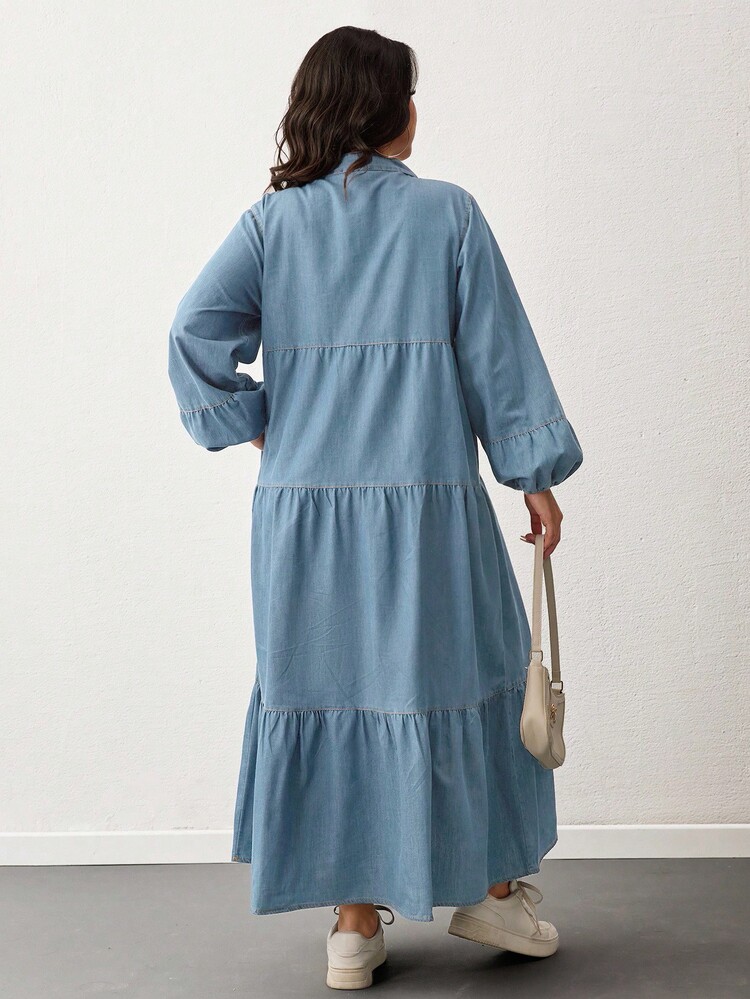 EURMUSE Plus Size Frill Detailed Button Front Dress - Baby Blue - View 2