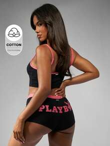 Missguided x Playboy Bộ đồ hai mảnh màu đen dành cho nữ, áo hai dây nhún phía trước và quần short, có logo, thích hợp mặc ở nhà, đồ ngủ mùa hè. - màu đen - Xem 1