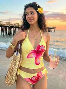 SHEIN 少女碎花吊带泳衣套装 - 黃色 - 查看 1