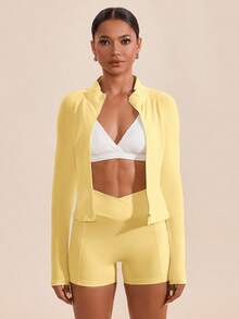 High Neck Long Sleeves Skinny Women Sports Sets - Yellow - View 5