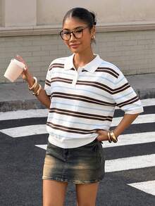 Muchica 女士休闲通勤撞色条纹印花 Polo 领针织衫上衣，夏季 - 彩色 - 查看 3