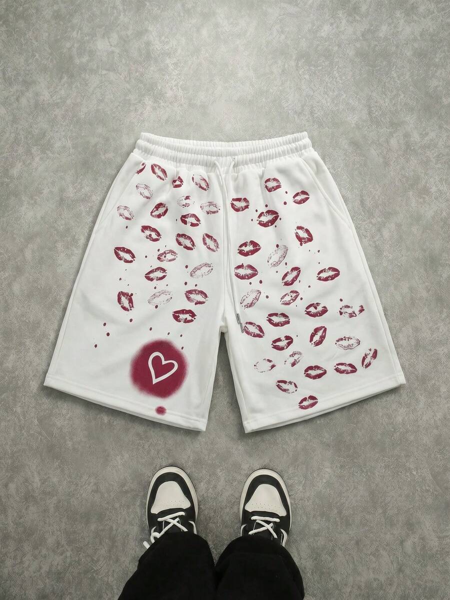 STEELVANCE Pantalones cortos casuales de hombre con estampado de labios y corazones para el verano - Blanco - Ver 1