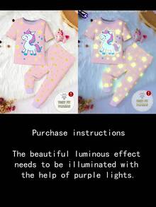 Young Girl' Cute Unicorn & Star Print Contrast Color Knit Elastic Fabric Glow-In-The-Dark Short Sleeve Top And Pants 2 Pieces Pajama Set - Pink - View 3