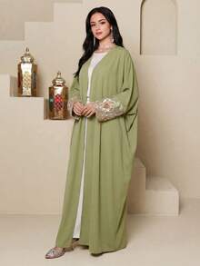 Yasmyna 女士优雅花卉串珠前开襟长袍 - 綠色 - 查看 3