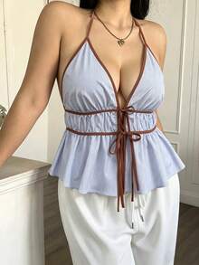 Sunnyshic 女士性感条纹系带露脐吊带背心，夏季度假背心衬衫，春季女士，2026嘉年华女性风格，女士沙滩约会优雅系带上衣 - 彩色 - 查看 4
