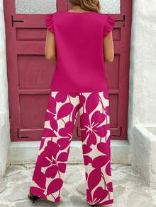 SHEIN Frenchy Bộ đồ 2 món cỡ lớn, phong cách tối giản thường ngày, in họa tiết hoa màu hồng cánh sen, thích hợp cho mùa xuân/hè. - Nhiều màu - Xem 2