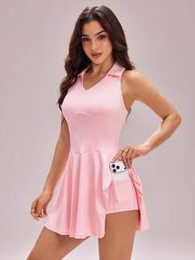Sovereign Charm Women's Sleeveless Polo Collar Fitted Light Pink Tennis Dress,Summer Cute Golf Workout Clothes With Phone Pocket Shorts,Slim Fit Casual Sports Dress - Pink - View 1
