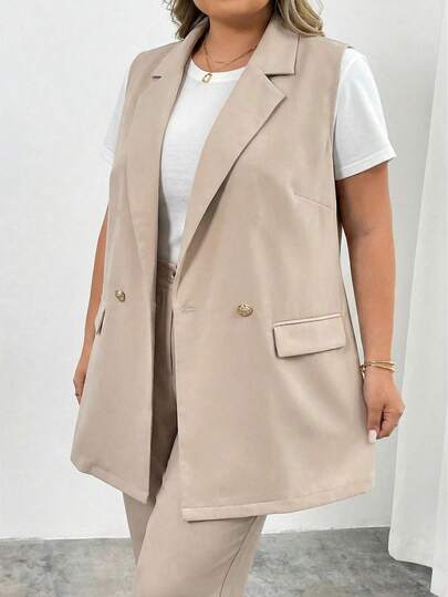 SHEIN CURVE+ 大码翻领双扣马甲西装外套，适合工作场合、毕业典礼、返校季、教师节等场合，秋冬季女装之选。