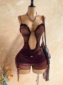 Soleia Women's Sexy Tie-Dye Print Hollow Out Spaghetti Strap Fitted Romper - Multicolor - View 1