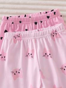 4件套新生儿家居服套装，可爱爱心/小猫印花睡衣，圆领短袖两件套，休闲穿着，适合日常外出，四季皆宜 - 粉色 - 查看 4