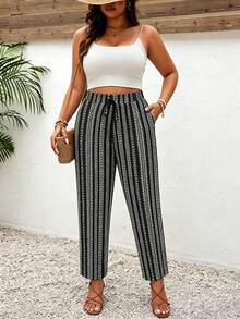 SHEIN Frenchy Plus Size Striped Floral Pattern Tie-Front Casual Pants With Pockets - Multicolor - View 4