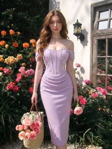 SHEIN MOD 紫色露肩刺绣鱼骨边连衣裙 - 紫色 - 查看 1