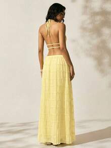 Easelle Conjunto de top halter sin espalda y falda de cintura baja de estilo romántico para vacaciones en color amarillo mantequilla, conjunto de 2 piezas para mujer, conjunto de verano para vacaciones - Amarillo - Ver 2