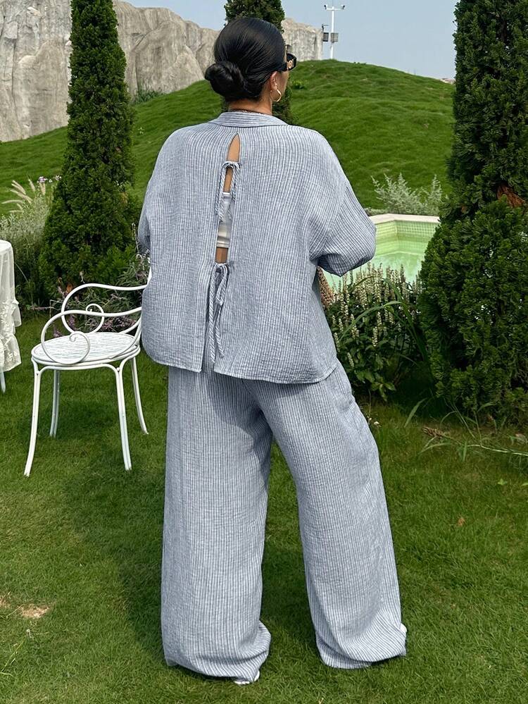 Dazy Plus Striped Tie-Front Backless Blouse & Casual Pants 2 Pieces Set, Plus Size For Commuting & Leisure Lounge Sets For Women