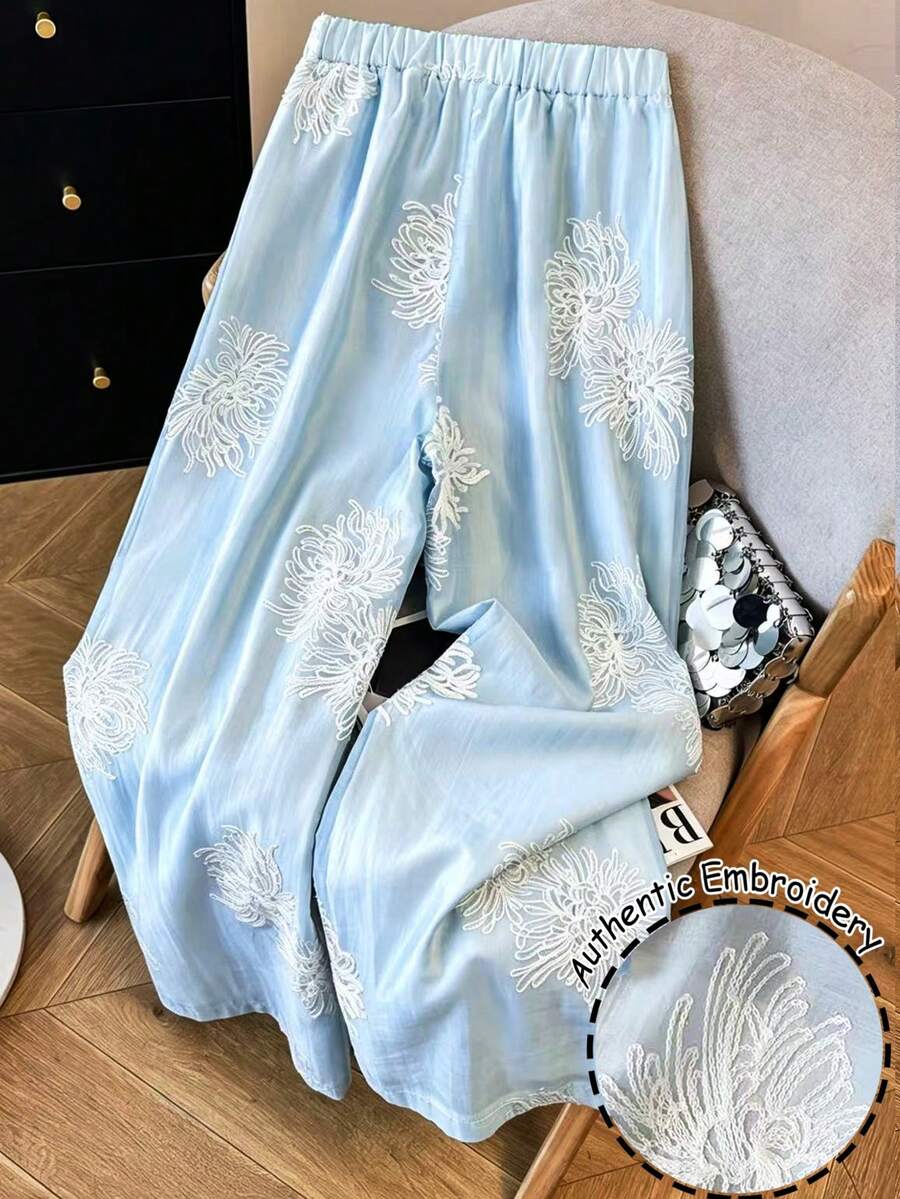 SHEIN 女士时尚百搭刺绣休闲裤，适合度假和约会 - 藍色 - 查看 1