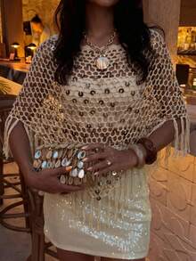 Selianne 女士休闲度假手工亮片多功能流苏下摆针织上衣 - 杏色 - 查看 7