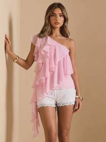 SHEIN BAE Débardeur élégant et doux à volants asymétriques sans manches rose unicolore, convenant pour les rendez-vous romantiques, les fêtes, les réunions formelles, les demoiselles d'honneur, les hauts à volants d'été, le thé, le Nouvel An, la Saint-Valentin, les anniversaires, le Top rose - Rose bonbon - Voir 3