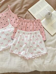 SHEIN Bộ đồ ngủ 8 món cho bé gái, màu trơn, họa tiết mây và nơ, gồm áo hai dây và quần short dệt kim, gồm áo hai dây và quần short. - Nhiều màu - Xem 7