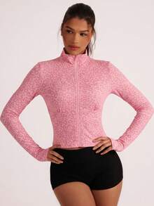 Dewbera Women's Leopard Print Zip Front Sports Jacket - Pink - View 2