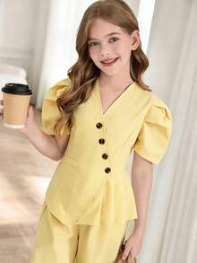 SHEIN Bộ 2 món cho bé gái: Áo tay cánh hoa cài chéo, gấu quần xếp ly và quần ống rộng thẳng. - Màu vàng - Xem 3
