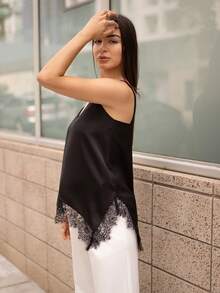 Andrea Bello 女士时尚蕾丝拼接不对称下摆黑色吊带背心，缎面蕾丝饰边，性感百搭，情人节必备 - 黑色 - 查看 6