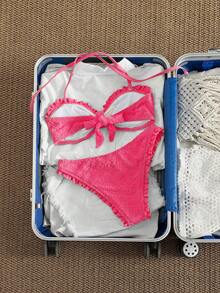 Swim Mod 新款女士优雅清新柠檬奶黄两件式泳衣，阳光黄奢华质感面料，花卉压花荷叶边比基尼套装，可拆卸肩带的挂脖式抹胸上衣，高衩性感泳裤，休闲可爱俏皮的Y2K辣妹风沙滩装，适合音乐节、春夏海滩度假、泳池派对、海岛度假等场合，尽显摩登风情。 - 玫紅色 - 查看 5
