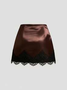 Sweetra Đầm mini dáng ôm eo thanh lịch màu nâu satin phối ren dành cho nữ cỡ lớn, mềm mại và thoải mái, thích hợp mặc hàng ngày, hẹn hò, gợi cảm, đa năng, mát mẻ cho mùa hè. - màu nâu - Xem 2