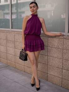 Andrea Bello 女士紫色优雅荷叶边多层收腰修身迷你连衣裙，春夏款 - 紫色 - 查看 3