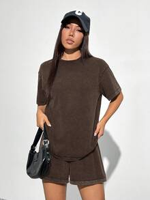 SHEIN EZwear 女士复古风T恤短裤两件套 - 棕色 - 查看 3