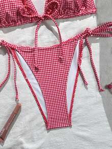 Swim Mod 女士新款性感红白格子蝴蝶结比基尼两件套，适合夏季海滩度假 - 彩色 - 查看 6