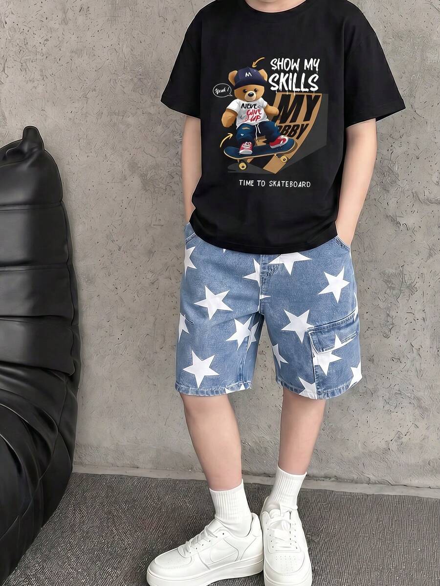 Tween Boys Denim Shorts,Blue And White Striped,Summer,Casual,City Break,Cotton Washed Star Print Multi-Pocket Elastic Waist Wide Leg Cargo Shorts - Blue - View 1