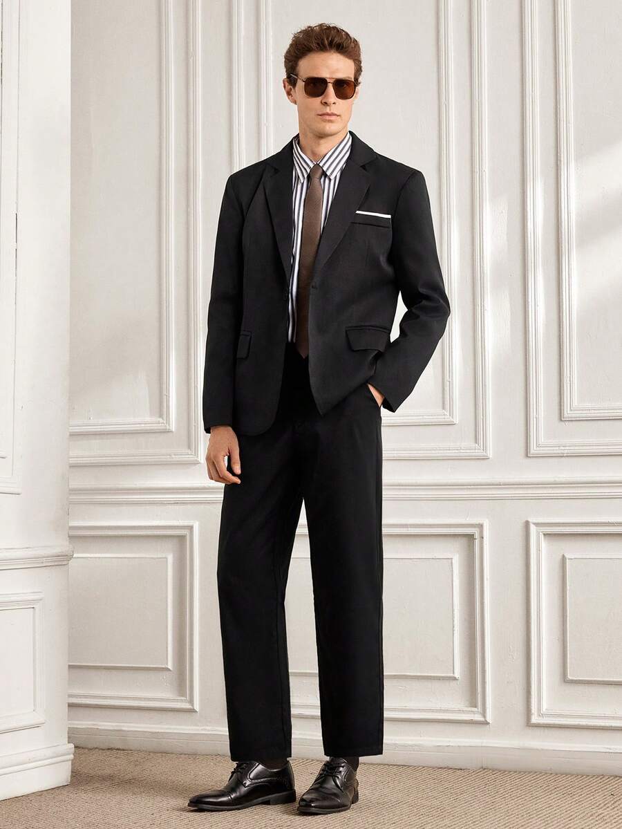 Officeau Men's Casual Blazer Suit Set Including Lapel NeckJacket And Pants, Versatile For Spring And Autumn - Black - View 1