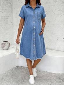 SHEIN Maternity Dusky Blue Summer Casual Denim Dress,Single-Breasted Button Front Light Wash Jeans Dress With Pocket,Rolled Cuffs And Frayed Hem For Women - Blue - View 3