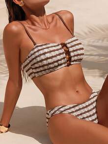 SHEIN Swim Lushore 欧美新款夏季性感条纹撞色串珠露背比基尼泳衣套装 - 彩色 - 查看 3