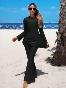 SHEIN Swim Mulvari 2026春夏女士沙滩连衣裙，中东泳装，女士比基尼，两件套，优雅浪漫荷叶边下摆沙滩度假连衣裙，套头喇叭袖长袖连衣裙上衣，高腰喇叭裤，荷叶边下摆，多色可选，黑色，性感奢华，优雅知性，浪漫度假，2026春夏新款，新年，情人节，返校季，旅行季，适合度假、海滩、下午茶野餐、派对、日常穿着、休闲、户外运动，时尚套装 - 黑色 - 查看 3