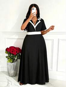 Villa Velisse Plus Size Women's Black And White Contrast Color Knit Collared Short Sleeve Waist Cinched A-Line Loose Casual Elegant Formal Summer Dress For Work - Black and White - View 8
