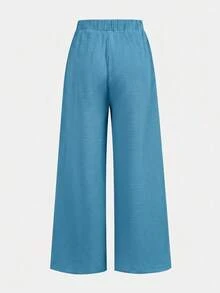 SHEIN 2pcs/Set Teen Girls Loose Halter Neck Tank Top + Long Pants Suit,Summer,Vacation,Holiday Fashionable Casual Versatile Outfit For Party,Sister Photo - Blue - View 10