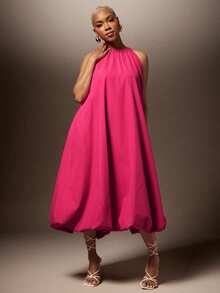 Vixey Solid Woven Bubble Hem Halter Neck Midi Dress - Hot Pink - View 3