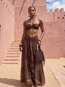 Zivah 最新款女士优雅镂空雪纺半身裙罩衫，适合海滩、泳池派对、度假，棕色 - 棕色 - 查看 1